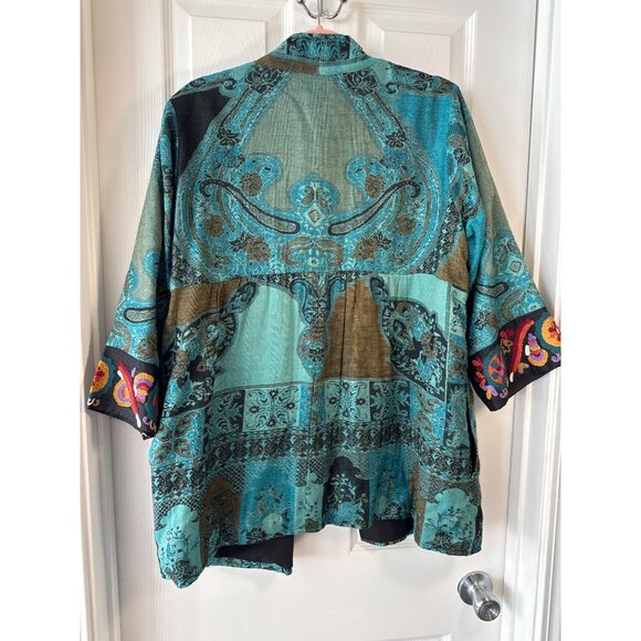 Soft Surroundings 1X Turquoise Jacquard Embroidered Open Front Kimono Jacket - Picture 4 of 10